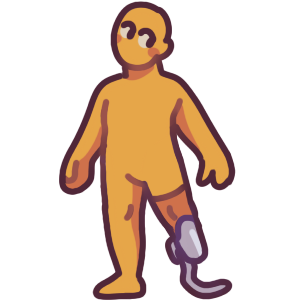 A person with a prosthetic lower running blade, wearing an orange sock underneath.